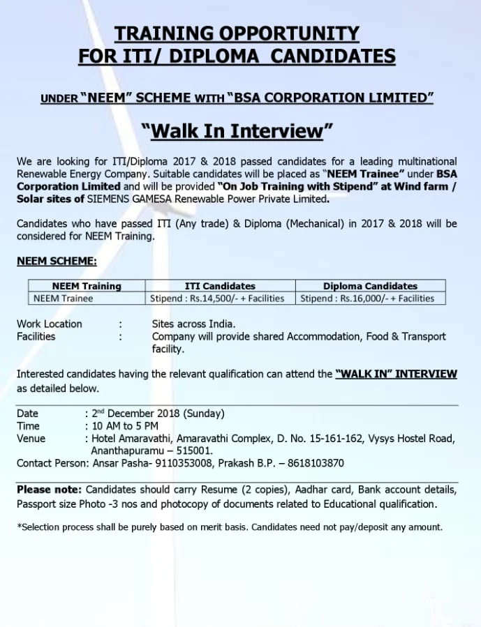 ITI AND DIPLOMA CANDIDATE  JOBS REQUIREMENTS ANDHR PARDESH,