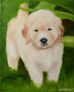 Daily Painters, Daily Paintings, Golden Retriever Puppy on the Lawn Painting - Daily Painting Blog - Original Oil and Acrylic Artwork by Artist Mark Webster