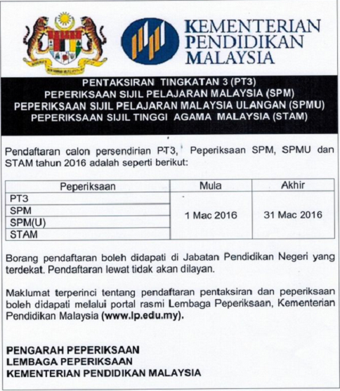 Pendaftaran Calon Persendirian Pt3 Spm Spmu Dan Stam 2018 Pendidikanmalaysia Com