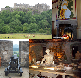 Viaje a escocia: día 7: Castillo de Stirling con Heilan Coo pastando (sup izq), cañón con vistas al monumento a William Wallace (inf izq) e interiores del castillo (der)