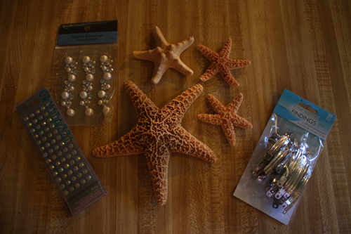 dried starfish pearls and rhinestones hair clips tan felt 