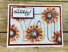 This fall Thinking of You sunflower card is made with the Eclipse Card Technique.  I stamped the beautiful flowers from Stampin' Up!'s Painted Harvest in Crushed Curry and Cherry Cobbler ink (Early Espresso for the center) and then die cut YOU with the Large Letters Framelits.  So easy!  Add some Linen Thread to finish it off!  #stampinup #stamptherapist www.stamptherapist.com