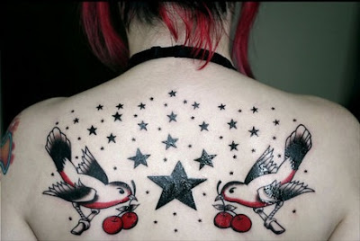 Stars Birds and Cherry Tattoo on Back