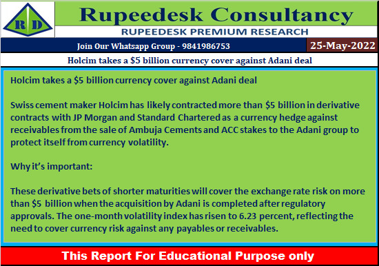 Holcim takes a $5 billion currency cover against Adani deal - Rupeedesk Reports - 25.05.2022