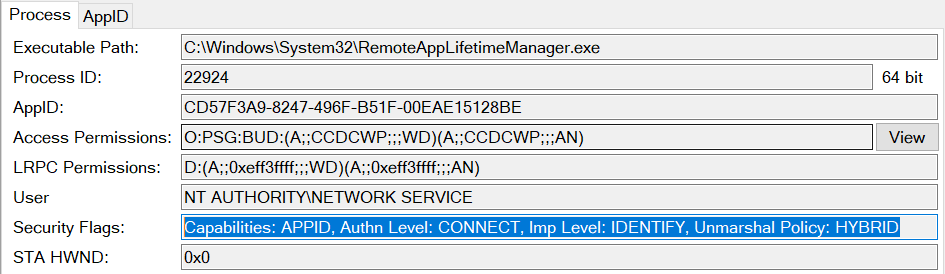 Screenshot of the OleViewDotNet showing the security flags of the CRemoteAppLifetimeManager COM server