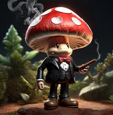 Short cartoon like toadstool wearing a black leather suit and smoking a cigar outside