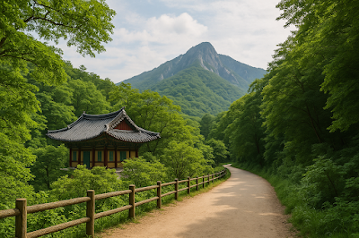 Scenic view of a Korean hiking trail with lush forests and a temple