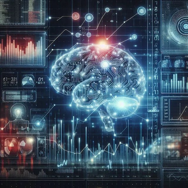 A futuristic digital finance concept showcasing artificial intelligence, with glowing binary code, a brain-like AI structure, and financial charts