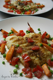 Grilled cod with roast cumin and tomato and coriander simple sauce with sweet potato nibs and peas