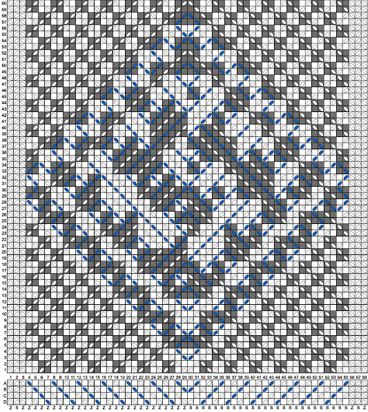 A 58 cell wide and 60 cell high grid showing the pattern of white forward turns and grey backward turns needed to form the motif using white and blue threads. A second grid 58 cells wide and 4 cells high filled with empty boxes, and white and blue thread ovals shows the threading needed.