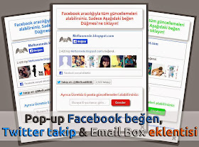 Pop-up Facebook beğen, Twitter takip & Email Box eklentisi