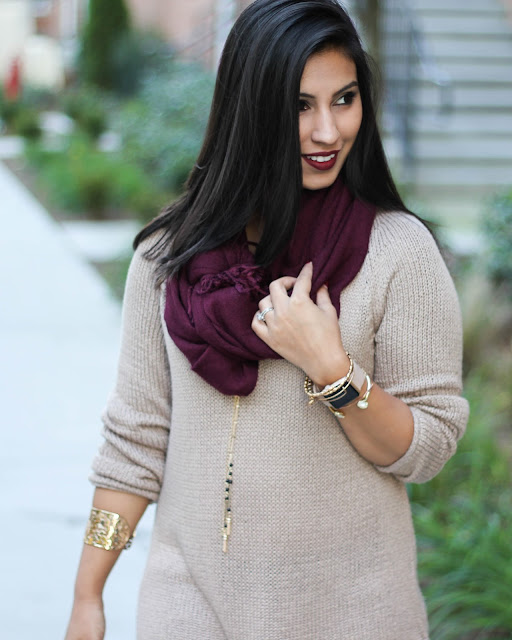 clarks indigo boots, paige denim, vera bradley, vera bradley jewelry, vera bradley tassle necklace, brown hm sweater, maroon scarf, fall fashion 2015, kat von d vampira