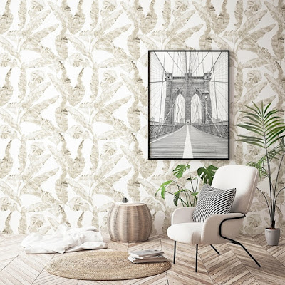 Papel Pintado Beige con plantas tropicales 035