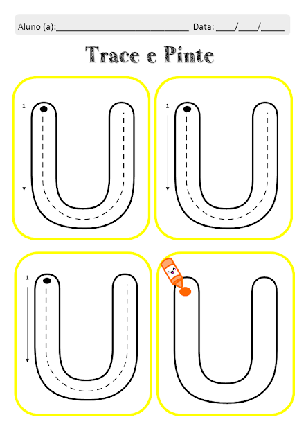 Uma aventura perfeita para:  Estimular o interesse pela leitura e pela escrita. Desenvolver a coordenação motora fina e a percepção visual. Promover a familiaridade com as vogais e o reconhecimento do alfabeto. Proporcionar momentos de aprendizado e alegria para os pequenos. Recursos:  Folha com as letras para tracejar e pintar. Giz de cera ou guache. Criatividade e imaginação! Baixe, imprima e embarque nesta jornada mágica pelo mundo das letras!  Ajude seu filho a dar os primeiros passos na escrita de forma divertida e personalizada!  Palavras-chave: Atividade de Alfabetização, Tracejar Letras, Pintar Letras, Vogais, Coordenação Motora Fina, Percepção Visual, Leitura, Escrita, Criatividade, Aprendizagem, Diversão.  Dicas para tornar a atividade ainda mais divertida:  Cante músicas sobre as vogais enquanto a criança traça e pinta as letras. Crie um jogo de adivinhação com as letras. Conte histórias que utilizem as vogais como personagens. Faça um mural com as letras coloridas que a criança pintou. O importante é que a criança se divirta enquanto aprende!