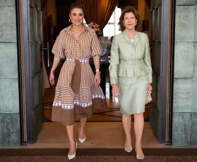 Queen Rania wore a Crista camel stripes dress by Silvia Tcherassi. Andrew GN yellow beaded jewel-collar draped slit-sleeve top blouse