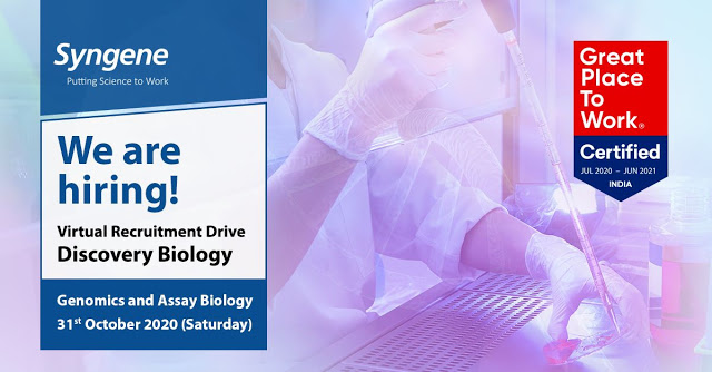 Syngene International | Virtual Recruitment Drive for Discovery Biology on 31st Oct' 2020 for Bangalore location