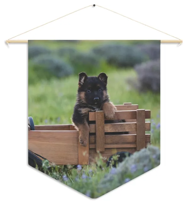Pennant With Cute Black And Red German Shepherd Puppy Sitting on a Wooden Cart
