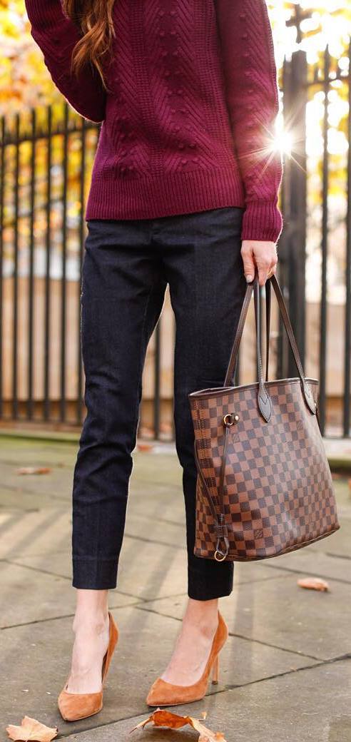 knit sweater + pants + palid bag + heels