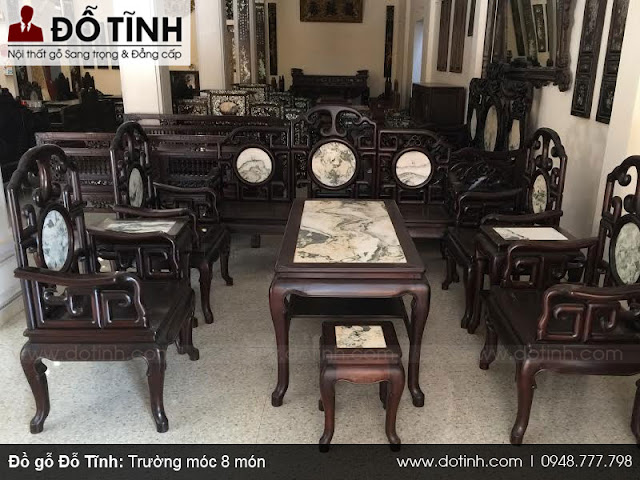 Trường móc 8 món gỗ gụ mật - Bộ bàn ghế trường kỷ cổ đẹp Việt Nam