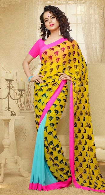 Yellow & Sky Blue Georgette Printed Casual Saree