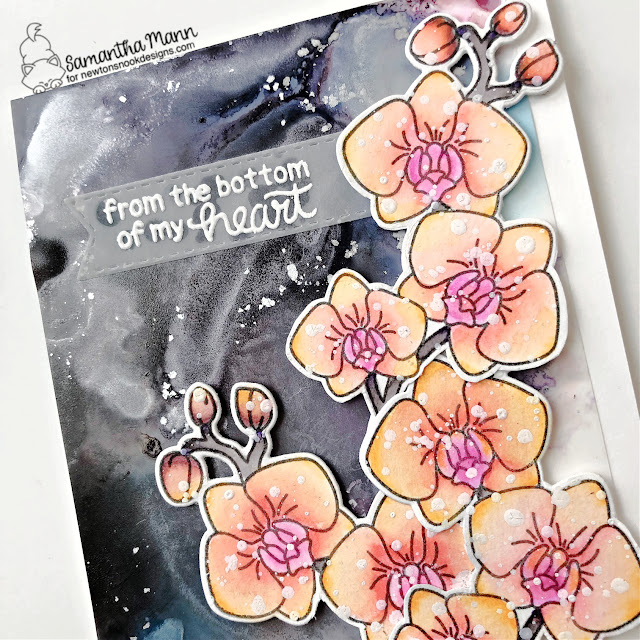 Thinking of you Orchid Card by Samantha Mann | Orchids Stamp Set, Bleeding Heart Stamp Set and Banner Trio Die Set by Newton's Nook Designs #newtonsnook #handmade