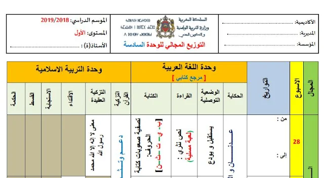 المستوى الأول ابتدائي توزيع مجالي للوحدة 6 مرجع  كتابي في اللغة العربية 