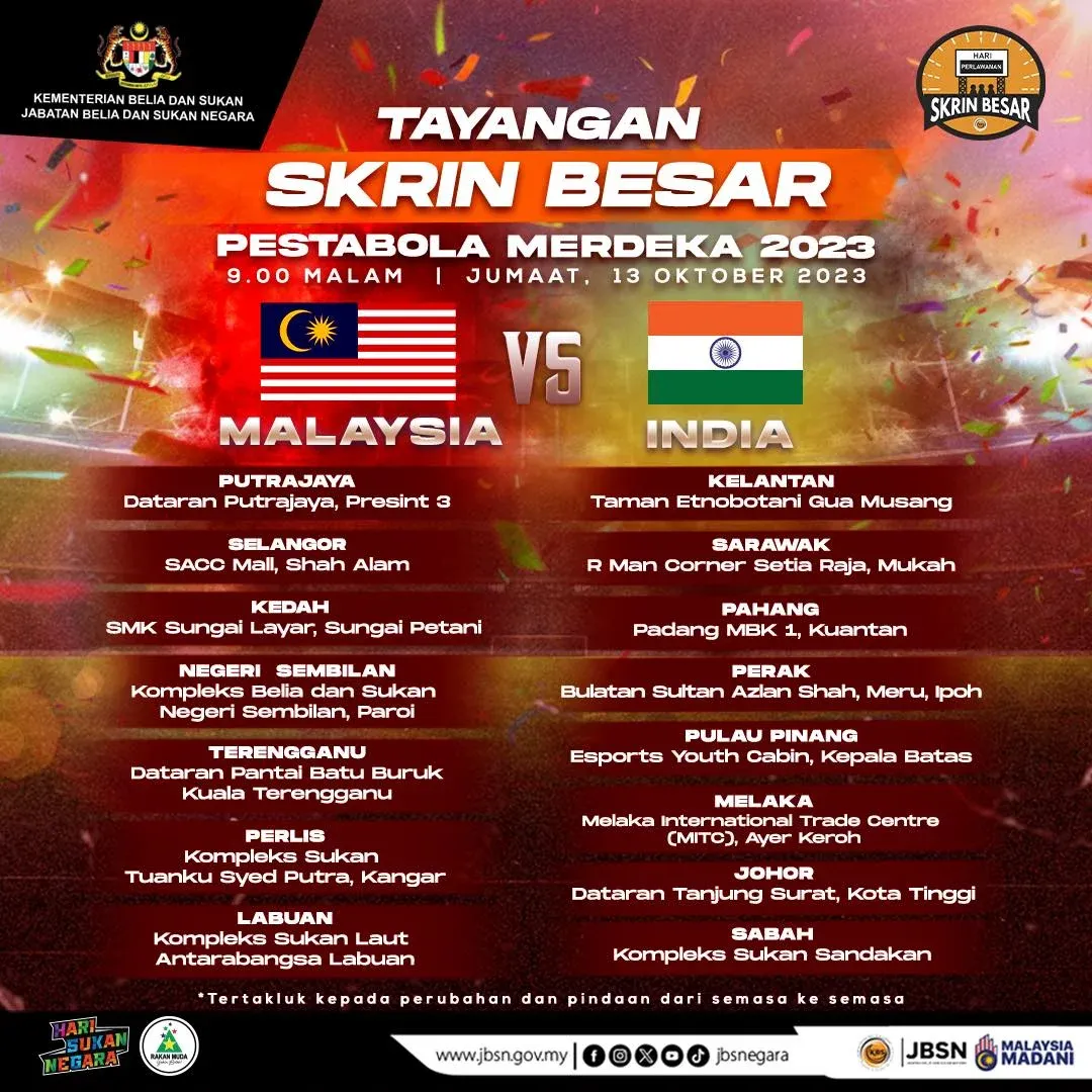 15 Lokasi Tayangan Skrin Besar Siaran Langsung Malaysia vs India Pestabola Merdeka 2023 Seluruh Malaysia