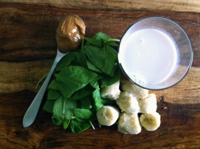 Peanut Butter Green Smoothie: 1-2 handfuls of spinach, 1 frozen banana, 1 cup of almond milk or water, 1 spoonful of peanut butter