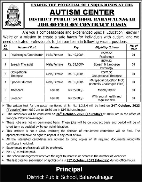 Jobs at District Public School Bahawalnagar for Special Educators & Others in 2023 October