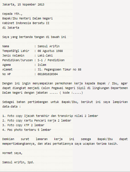 Contoh Membuat Surat Lamaran Kerja Bank Dan CPNS Terbaru