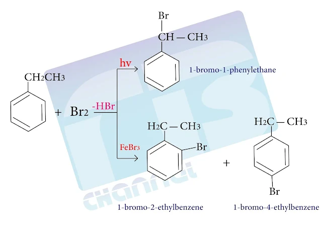 تفاعل البروم مع إيتيل البنزن بوجود الأشعة فوق البنفسجية