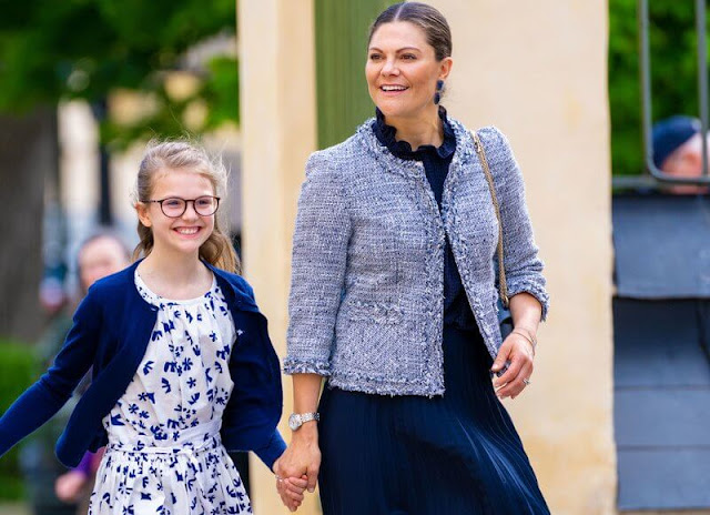 Crown Princess Victoria wore a jacket by Mayla, HM skirt, Ebba Brahe earrings. Bonpoint outfit and Designers Remix blazer
