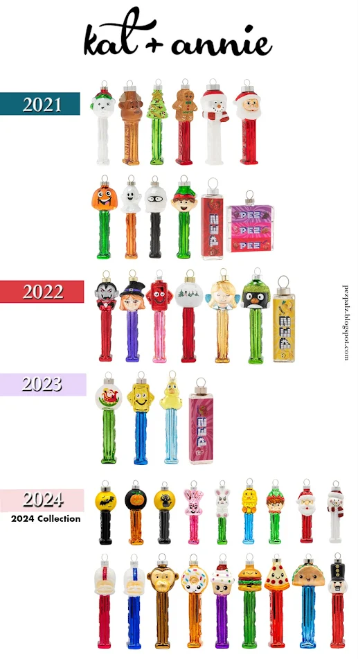 PEZ PALZ Pictorial of all Kat and Annie Glass PEZ Holiday Ornaments ever made  since 2022