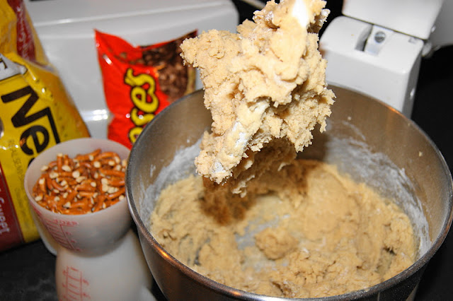  as well as peanut butter joins forces inward a fun as well as scrumptious cookie cast Pretzel Chocolate-Peanut Butter Chip Cookies