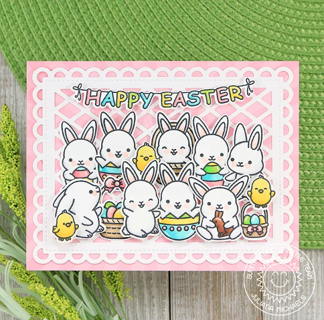 Sunny Studio Stamps: Chubby Bunny Frilly Frames Dies Happy Easter Card by Juliana Michaels