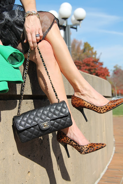 Alyssa Nicole Skirt, Banana Republic Green Coat, Nine West Animal Print Pumps, Blinde Sunglasses, Earrings from JT Posh, Chanel Purse, J. Crew Blouse, Vintage Jewelry, the Queen City Style, The Mint Museum