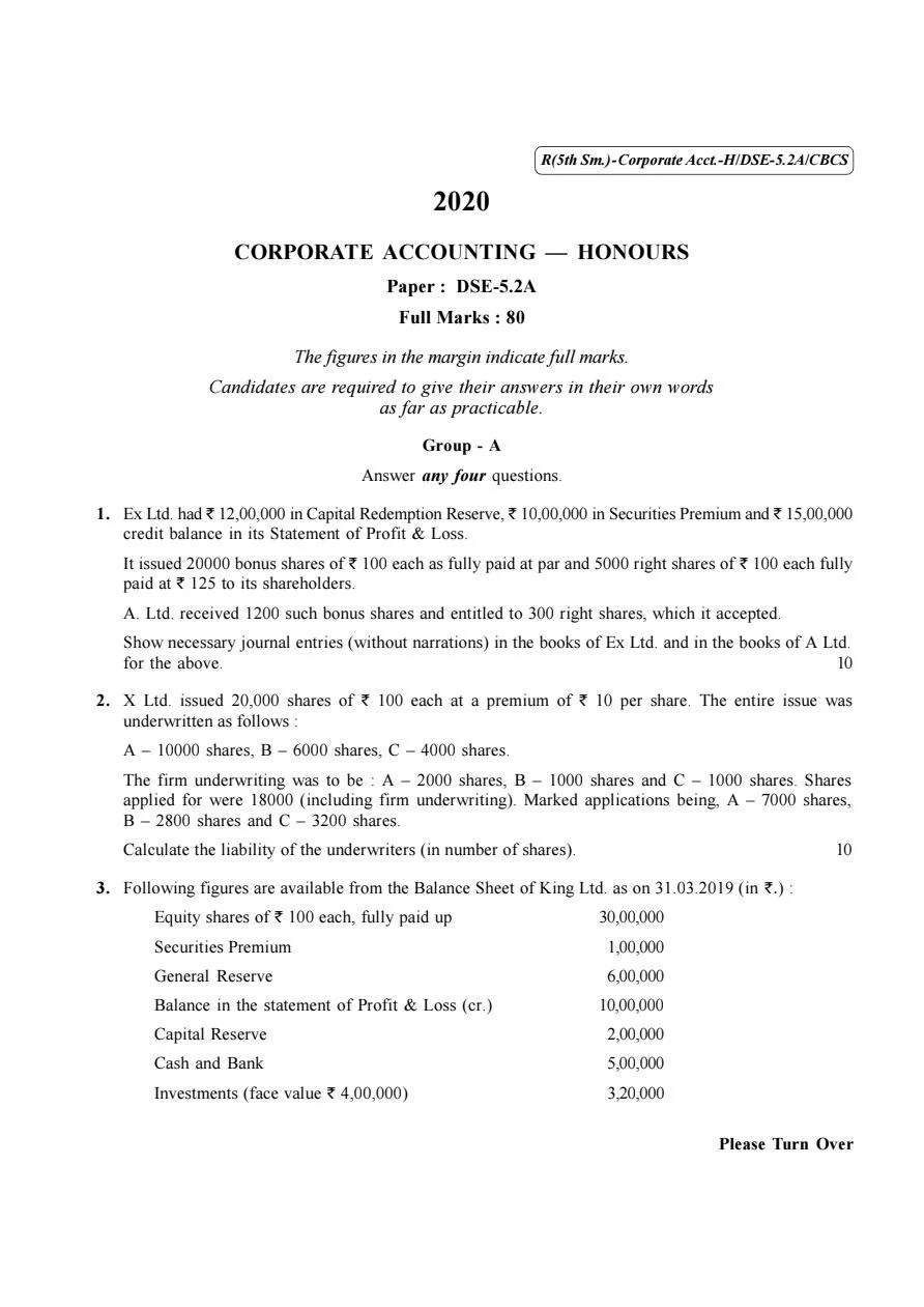 Calcutta University Bcom 5th Sem Corporate Accounting Hons. Question Paper 2020