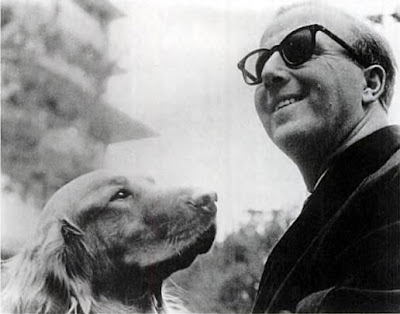 Jazz pianist George Shearing with his Golden Retriever Guide Dog, Lee