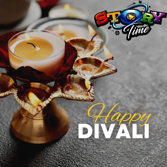 "Burning Dia lamp in front of Story Time Productions logo. Subh Divali from Story Time"