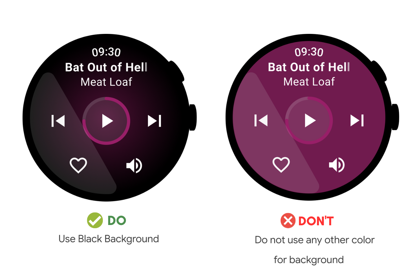 images of watch faces side by side showing Do: Use black Background on the left and Don't use any other color for background on right