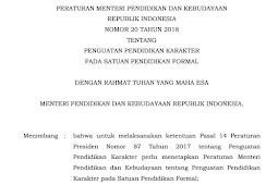 Permendikbud No 20 Tahun 2018 Tentang Penguatan Pendidikan Karakter Pada Satuan Pendidikan Formal