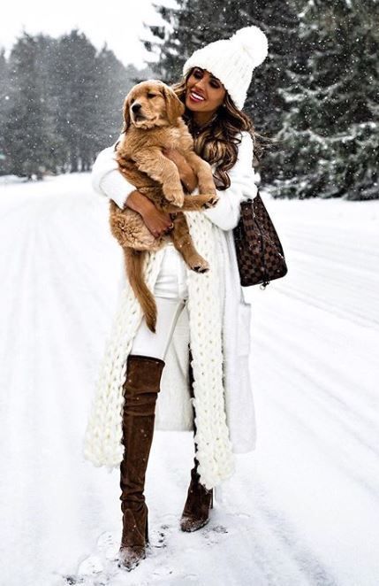 winter outfit inspiration / brown over knee boots + knit scarf + hat + bag + skinnies + sweater