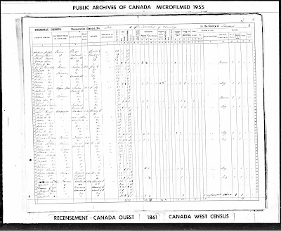 1861 census of Canada East, Canada West, New Brunswick, and Nova Scotia, Canada West, Lanark County, district 6, p. 3, John McMullen; RG 31; digital images, Ancestry.com Operations, Inc., Ancestry (www.ancestry.com : accessed 18 Feb 2024); citing Library and Archives Canada microfilm C-1042-1043; Ancestry enhanced image option enabled.