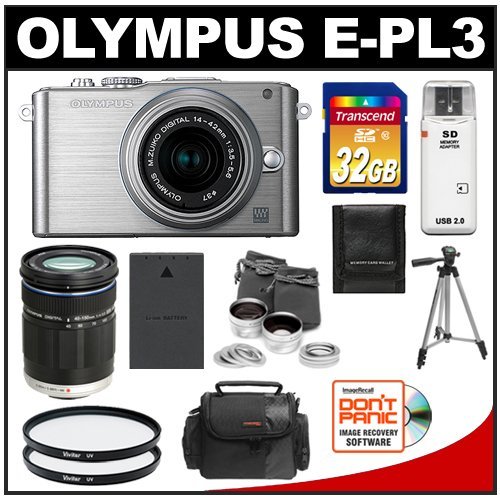 Olympus PEN E-PL3 Micro 4/3 Digital Camera  &  14-42mm II Lens (Silver) with M.Zuiko 40-150mm Lens + 32GB Card + Battery + Case + Telephoto/Wide-Angle Lens Set + Filters + Tripod Kit (Refurbished by Olympus)