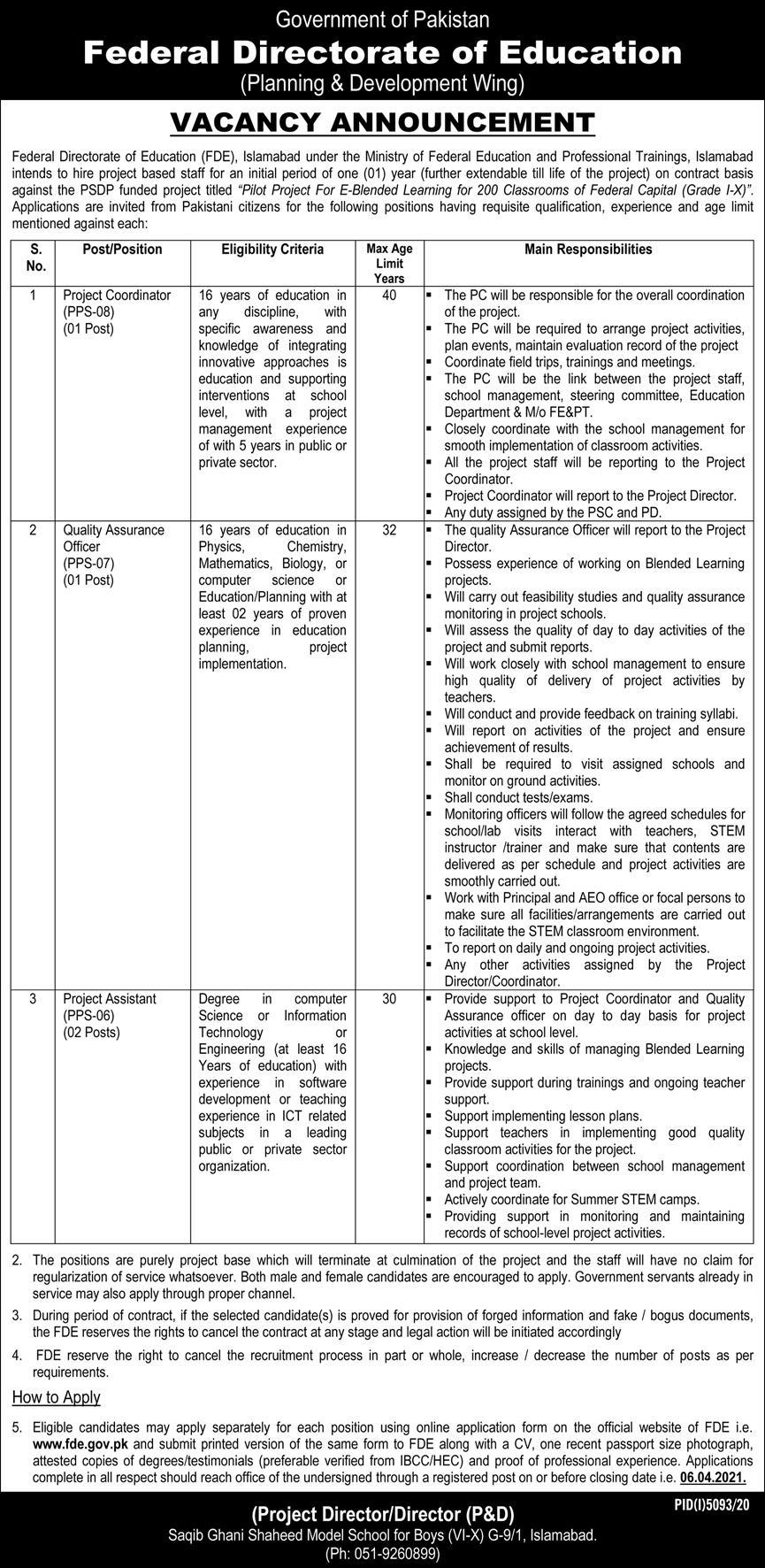 Latest Govt Jobs 2021 in Federal Directorate of Education (FDE)