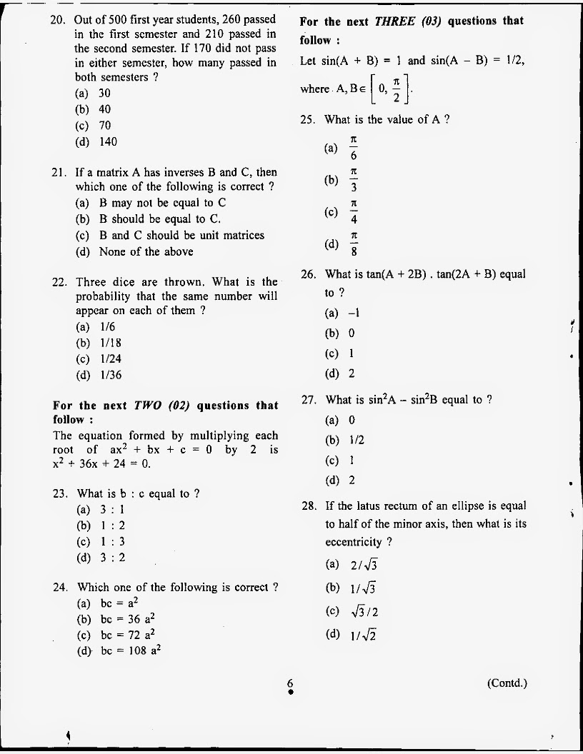Questions and answer key of NDA NA 2012 April mathematics exam
