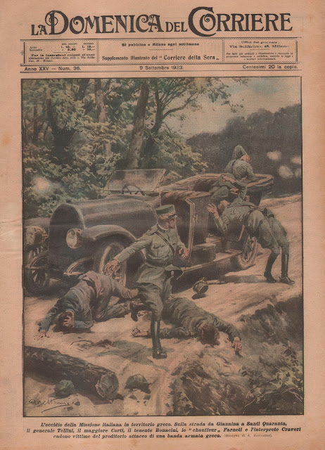 The newspaper "la Domenica del Corriere", September 9, 1923, number 36. On the front page, it shows the event of the assassination of the Italian general Enrico Tellini by the Greeks