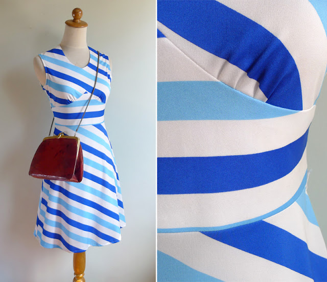 vintage 70's blue striped polyester dress