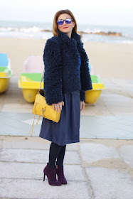 Blue faux fur jacket, yellow Rebecca Minkoff M.A.C. clutch, Fabi ankle boots, Fashion and Cookies, fashion blogger