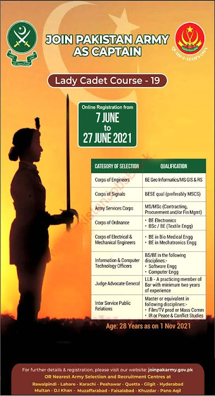 Join Pakistan Army as Captain through Lady Cadet Course  June 2021- Apply online